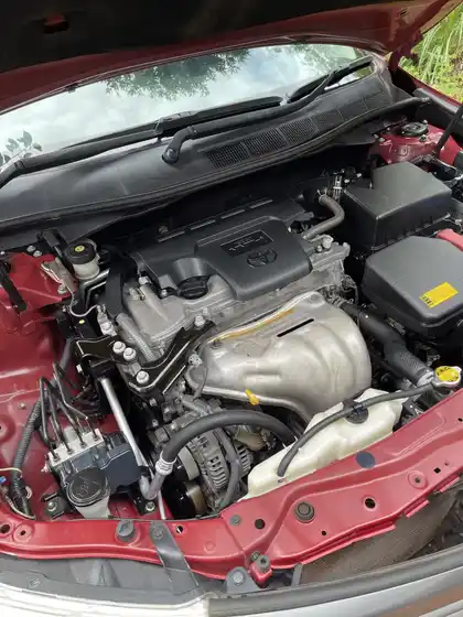 The same engine bay after cleaning, with clean painted panels and dressed plastics