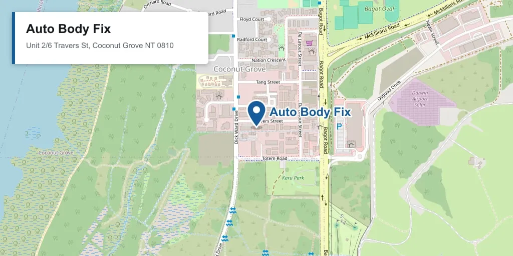 Street map showing Auto Body Fix on Unit 2/6 Travers St in Coconut Grove